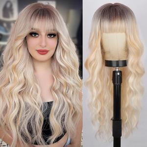 Lativ Blonde Wig With Bangs Long Ombre Blonde Wig with Dark Roots for Women Wavy Curly Heat Resistant Synthetic Fiber Wigs for Daily Party Use 26 Inches