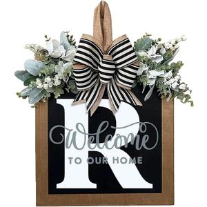 Last Name Year Round Front Door Wreath Front Porch Decoration 26 Letter Welcome Sign with Eucalyptus Garland and Bow Spring Wreaths for Front Door Outside Hanger GarlandR