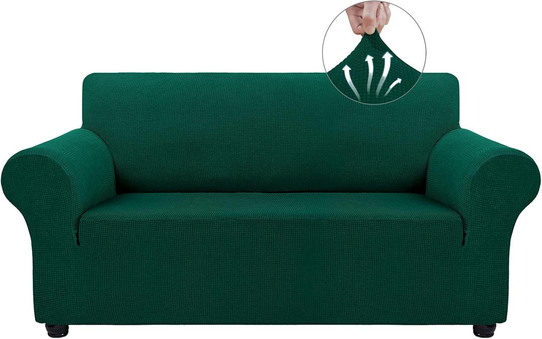 Asnomy Sofa Covers for 2 Cushion Couch Stretch loveseat Covers Slipcovers, Pet Protector Furniture Covers for Dogs Cats Spandex Jacquard Fabric Small Checks MediumBlackish Green