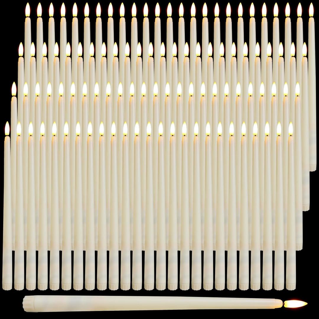 Baquler 100 Pcs Flameless Taper Candles Battery Operated Bulk 12.4 Ivory LED Taper Candles Flickering LED Candlesticks for Wedding Advent Halloween Christmas Party Decor