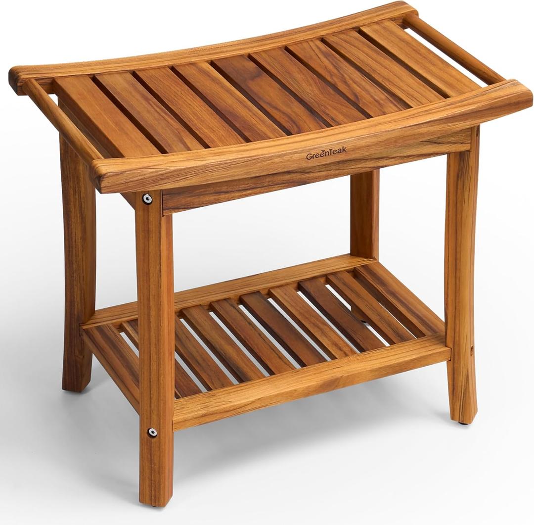 Premium 22" Teak Shower Bench with Handles, Waterproof Teak Shower Stool, Wooden Stool for Bathroom, Teak Wood Shower Seat Chair for Shower Storage Shelf, 300 Lbs Capacity