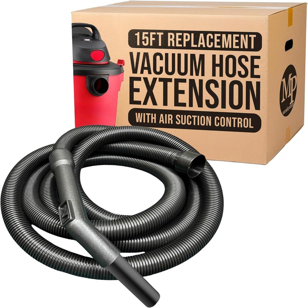 MP Maresh Products Vacuum Cleaner Replacement Hose - Vacuum Hose Extension for Wet Dry Vacuums, Heavy Duty Crushproof Industrial Grade 15 Foot Hose by 1-1/4 Inch Air Suction Control Connector - Black