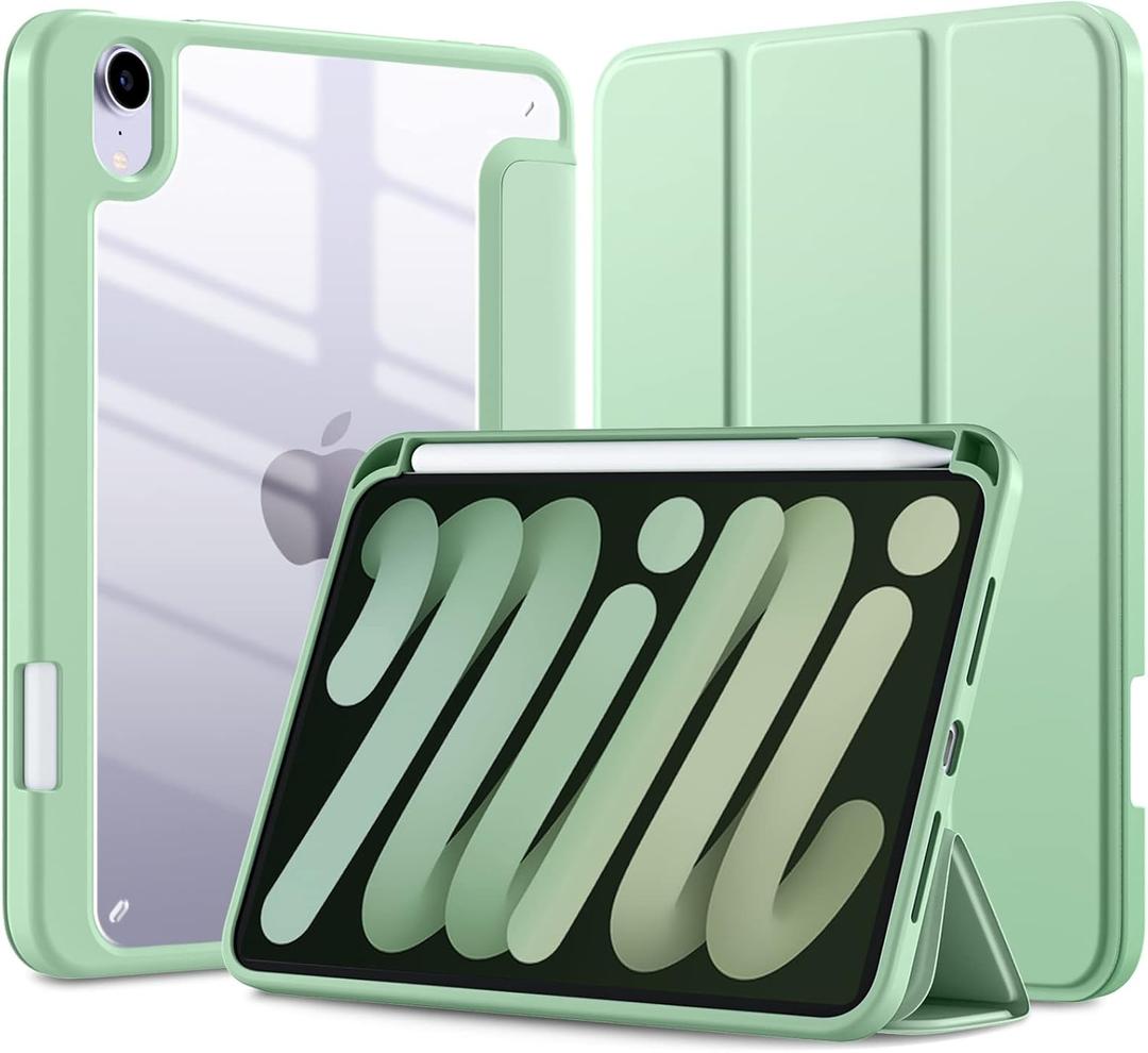 for iPad mini 7 Case A17 Pro, for iPad mini 7th/6th Generation Case 2024/2021 8.3 Inch with Pencil Holder, Hybrid Slim Clear Back Shell Cover Kids, Auto Wake/Sleep, Matchagreen