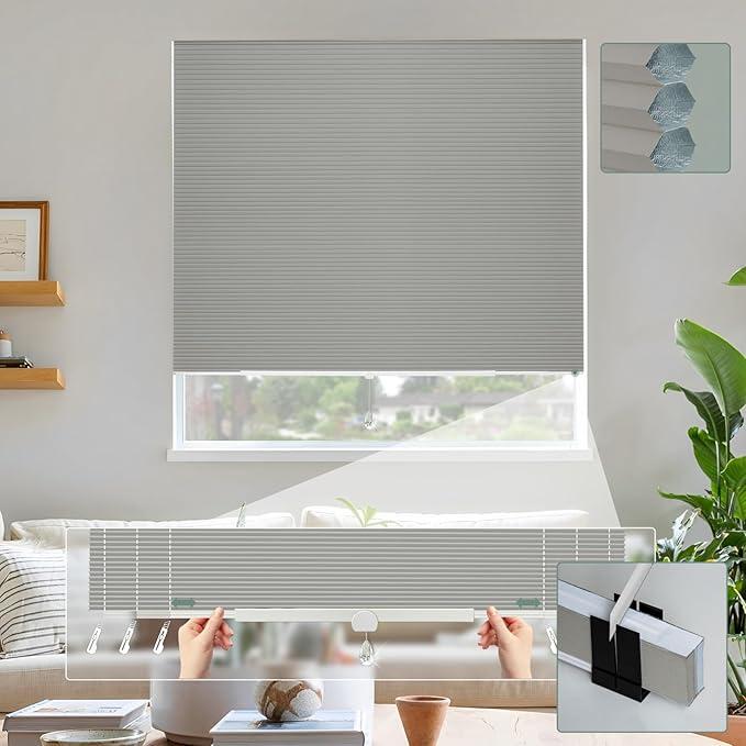 Cellular Shades No Tools No Drill Custom 39" W(27"-39") x 64" H Honeycomb Blinds Blackout for Window Easy Cutting Telescopic Track Cellular Blind Space Gray