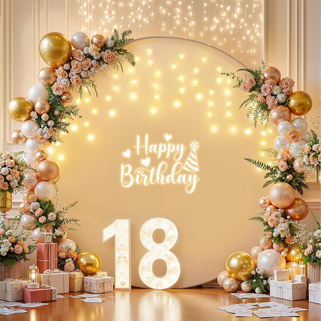 6.6 ft White Round Backdrop Cover with Lights Circle Wedding Arch Stand Backdrop Cover with Fairy Lights for Bridal Shower Birthday Baby Shower Photography Photo Shoot Background Decorations
