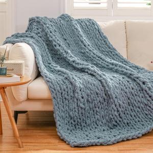 Chunky Knit Blanket Throw Knitted Throw Blankets for Couch Bed Fluffy Soft Blanket with Jumbo Chenille Yarn Thick 100% Handmade (Dusty Blue)