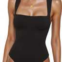 Women's Square Neck Sleeveless Bodysuit Slim Fit Stretchy Tank Top for Summer Layering, Casual Outfits (Black, M)