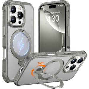 Temdan Designed for iPhone 16 Pro Max Case,[with 360Rotatable Invisible Magnetic O-Ring Stand][Military Grade Shockproof][Compatible with MagSafe] Anti-Slip Translucent Matte Phone Case 6.9" (Grey)