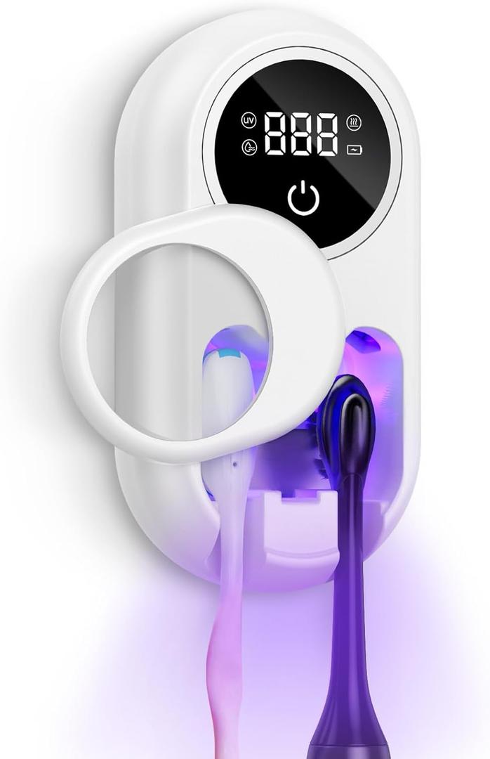 Toothbrush Sanitizer Holder, Upgraded UV Toothbrush Holder with Dual-Mode Clean & Fan Dry, LED Smart Screen, Auto-Inductive Cover, Toothbrush Wall Mounted Cleaner Organizer for Bathroom, Trip (White)