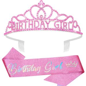 CAVETEE Birthday Crown and Sash for Girls, Birthday Decorations for Her Birthday Sash and Tiara for Women & Girls