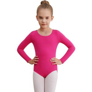 WEGETIT Leotards for Girls Long Sleeve Bodysuit Toddler Black Leotard Ballet Unitard Gymnastics Kids Dance Shirt (4-6 Years, Hot Pink)