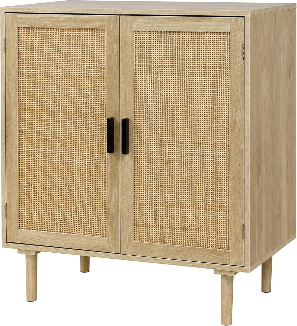 Finnhomy Sideboard Buffet Kitchen Storage Cabinet with Rattan Decorated Doors, Dining Room, Hallway, Cupboard Console Table, Liquor / Accent Cabinet, 31.5X 15.8X 34.6 Inches, Natural (Natural, Wood)