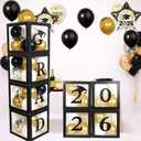 Graduation Decorations 2026 Grad Balloon Boxes for Balloon Arch Kit Black Gold Party Décor- 4Pcs Black Balloon Boxes with Letters & Balloons for Class of 2026 Photo Backdrop Props
