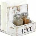 MyGift Napkin Holder for Table, Wood Napkin Holder with Salt and Pepper Shakers Set, Condiment Caddy with Bold Black Printed EAT Design, Standing Paper Napkin Storage for Kitchen Dining Table Decor (Whitewashed)