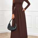 BTFBM Long Sleeve Dress for Women Spring Clothes 2026 Pockets Business Casual Pleated Fall Wedding Guest Dresses (M)