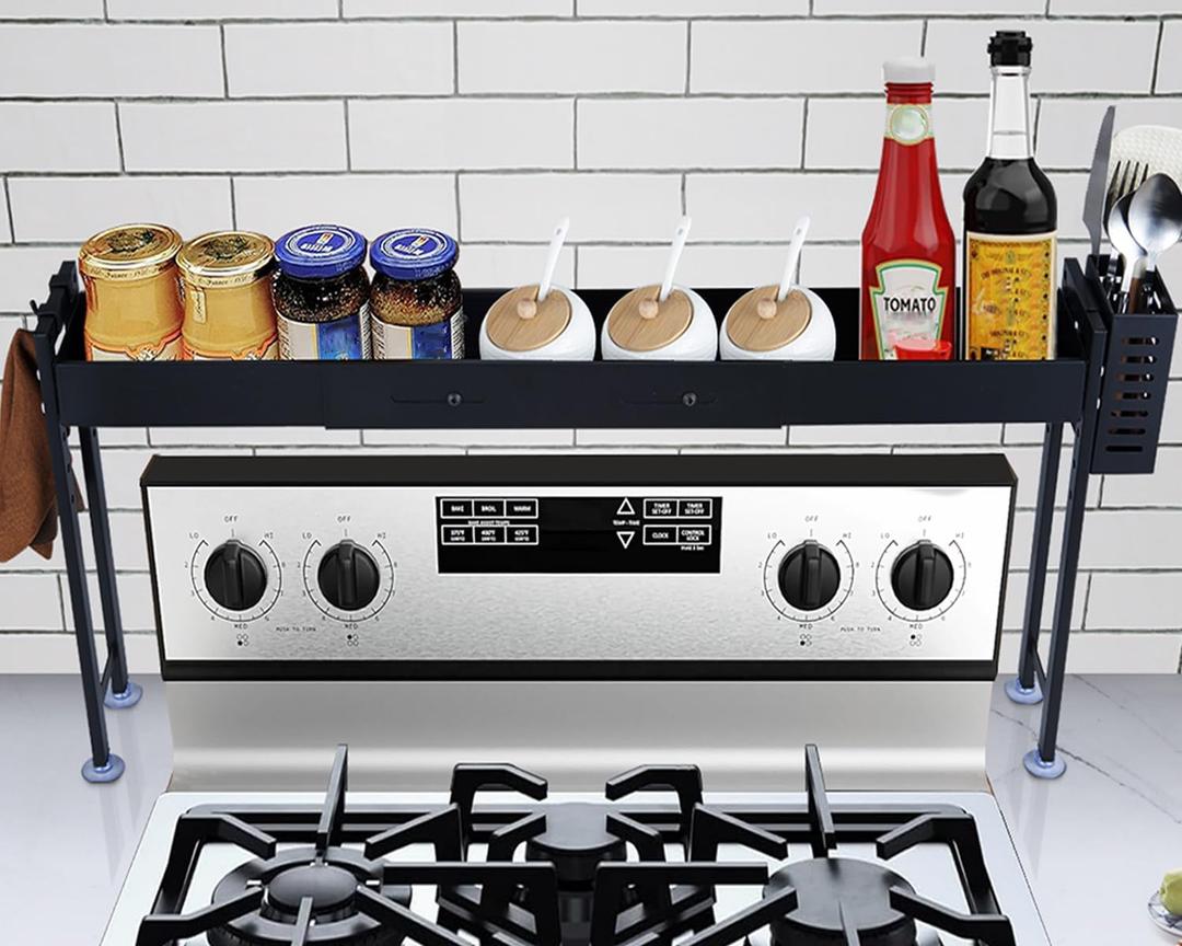Over Stove Spice Shelf for Kitchen Spice Rack Organizer with Extra Black Basket and Hooks Great for Stove Top Shelf