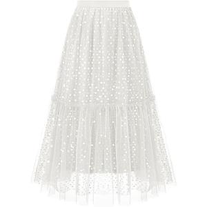 Timormode Sequin Tulle Skirts for Women Sparkly Midi Flowy A-Line Party Skirt Layered Christmas Skirts TMS8010 White M