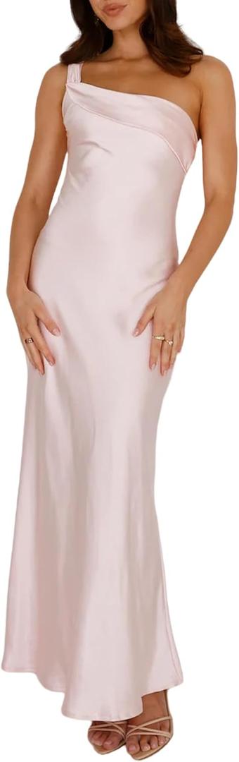 2025 Satin One Shoulder Maxi Dress for Women Summer Silk Formal Elegant Backless Ruffle Sleeveless Wedding Guest Dresses (Small, Pink)