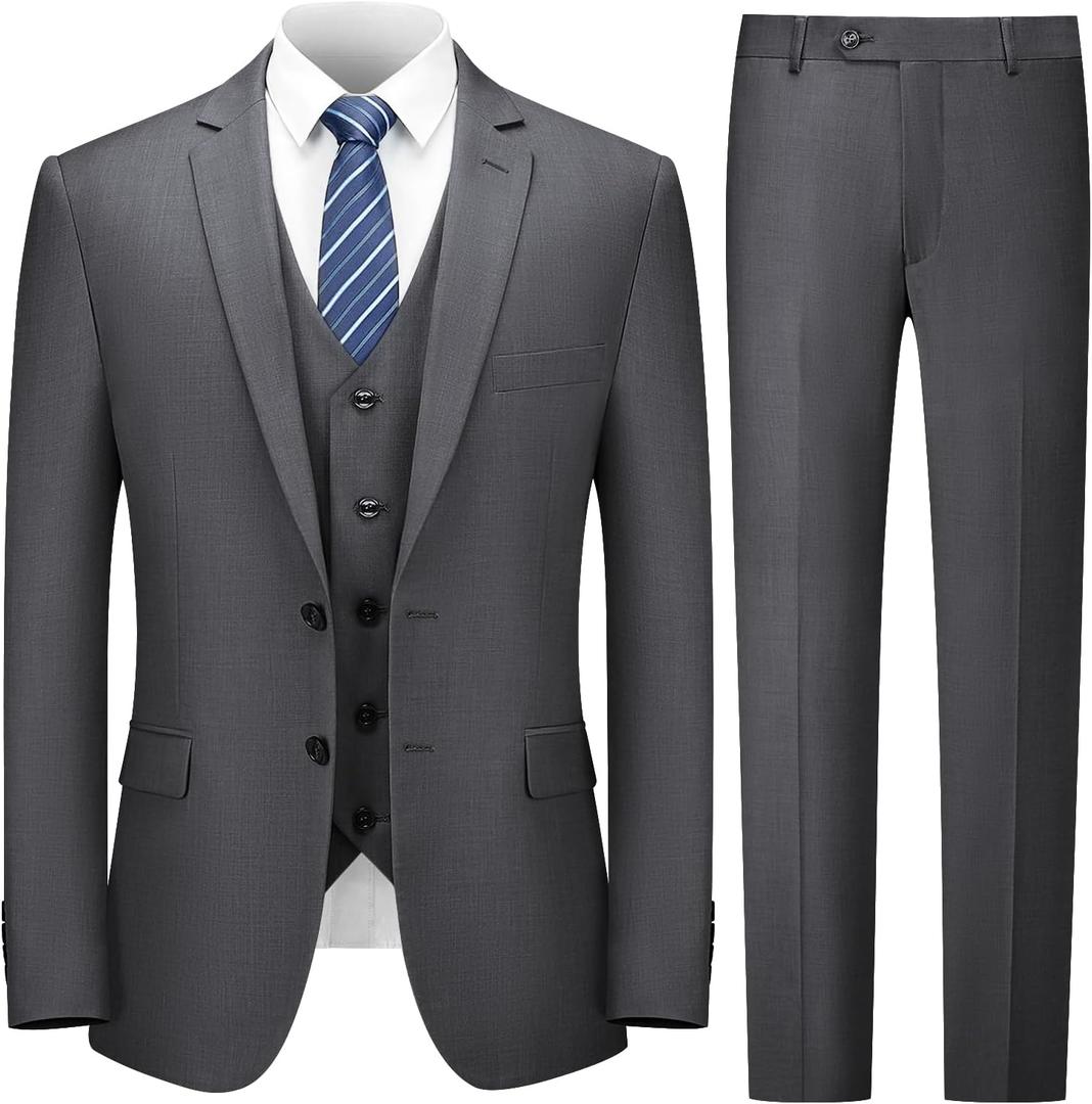 Cooper & Nelson 3 Piece Mens Suit Set 2 Button Slim Fit Suits for Men Business Wedding Party Tuxedo Jacket Vest Pants and Tie (40R/Medium, Dark Grey)