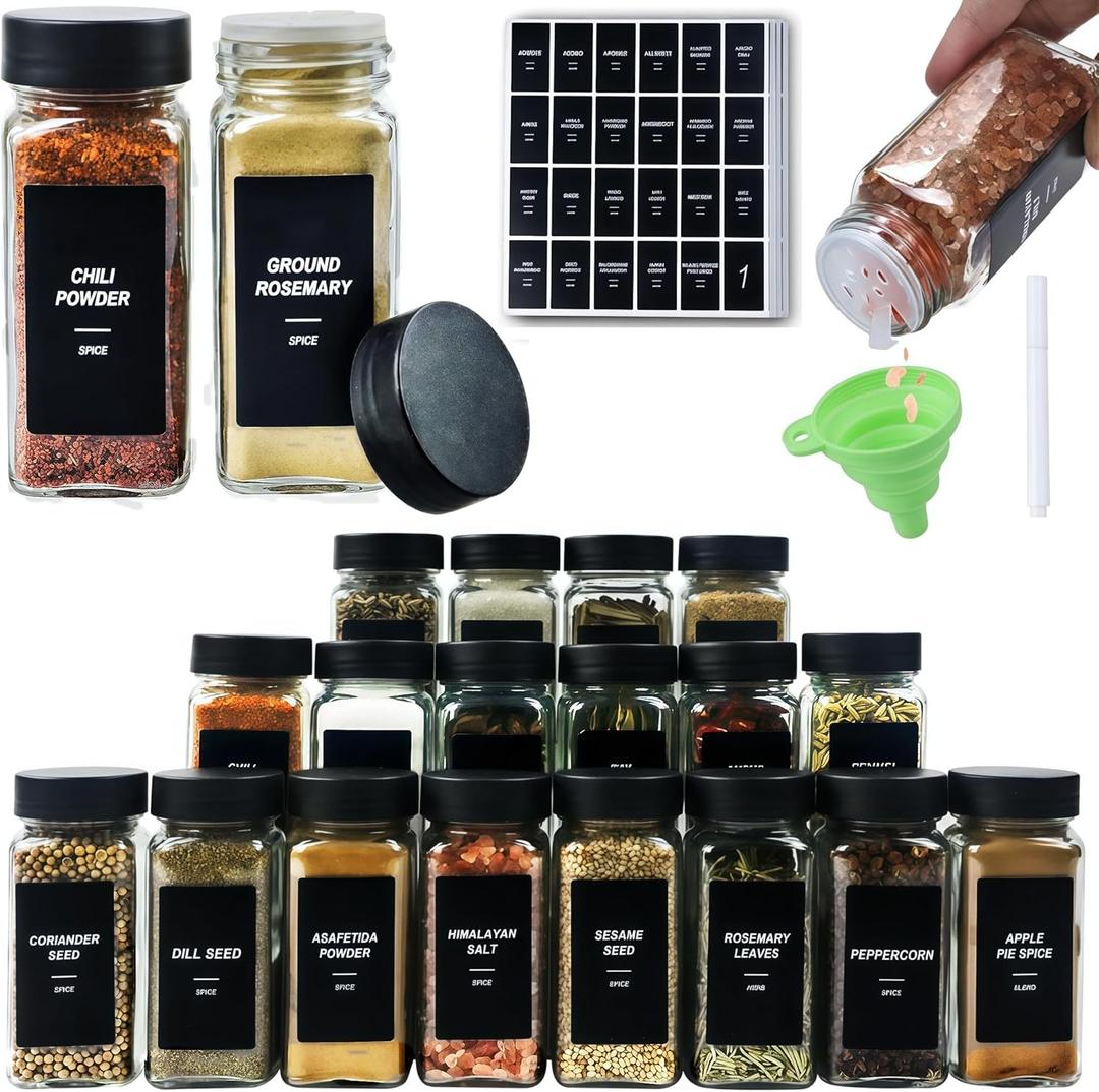 24Pcs Spice Jars Containers with Labels4oz Black Seasoning Bottles with Shaker Lids for Rack, Cabinet, Drawer,Empty Square Condiment Pots (24, Black)