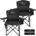 FUNDANGO Oversized Camping Chair for Adults, 2 Pack, Heavy Duty Foldable Portable Lawn Chair with Padded Seat & Back, Lumbar Support, 4-can Cooler & Cup Holder, Carry Bag Included for Outdoor (Black)
