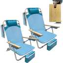 WKFAMOUT 2 Pack Low Backpack Beach Chair with Folding Bamboo Table for Adults, 5-Position Lay Flat Reclining Chair, Lightweight with Cooler Bag, Supports 265 lbs, Cyan