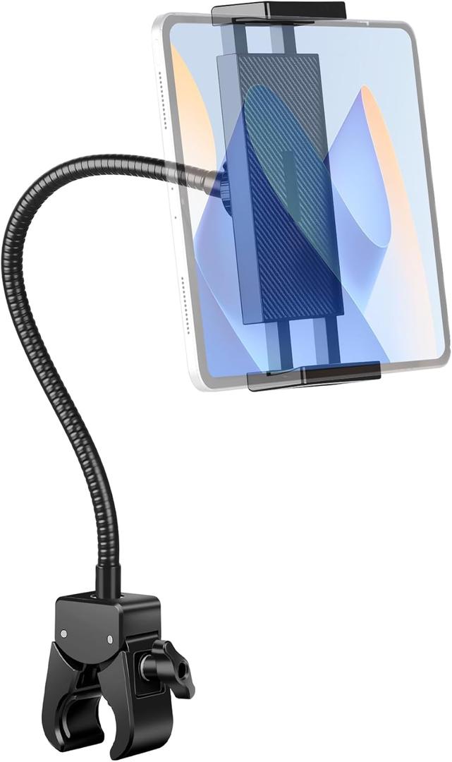 Evekea Gooseneck Tablet Holder, iPad Holder for Stroller/Treadmill/Golf Cart/Boat/Mic Stand/Wheelchair/Gym Bicycle Handlebar Clamp, Compatible with 4.7-12.9" Tablets and Phones,Galaxy, E-Readers
