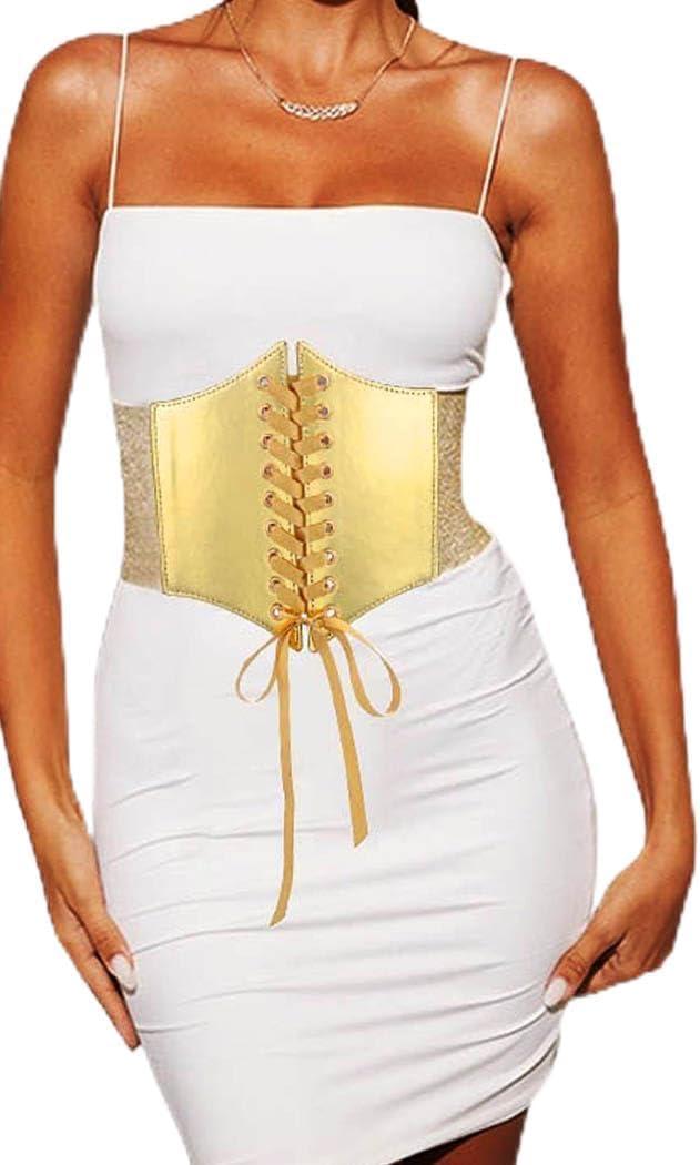 Yalice Women Corset Dress Belt Gold Wide Elastic Waist Belts Thick Stretchy Renaissance Costume Accessories (Fits Waist Size:31''-35'')