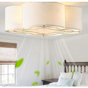 Caged Ceiling Fan with Light, Rattan Flush Mount Ceiling Fans with Lights Remote Control, Low Profile Fabric Enclosed with 6 Speeds for Bedroom, Living Room, Foyer, Nursery (White)