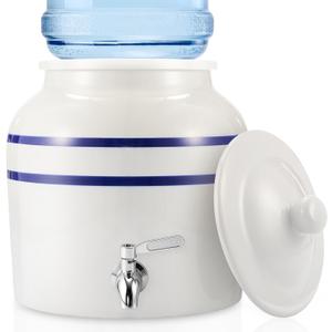 FillTouch Ceramic Water Dispenser Crock Water Dispenser with 304 Stainless Steel Faucet, Valve and Lid for 3 to 5 Gallon Jugs Porcelain Cooler for Home Office Indoor Outdoor Party Use(Blue Stripes)