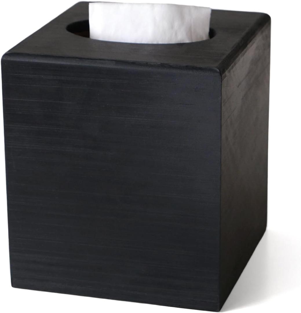 S310 Wood Tissue Box Cover, Square Tissue Box Holder with Slide-Out Bottom, Wooden Cube Tissue Covers Tissue Holders for Bathrooms Office Kitchen, Black