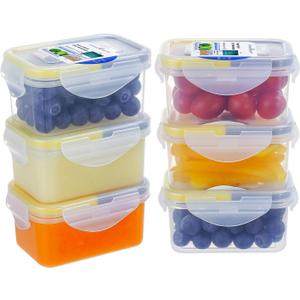 KIGI 6 Pack 6OZ Airtight Plastic Food Storage Containers Set 180ML Rectangular Small Bento Box with Lid (6.1oz*6 Yellow and Grey)
