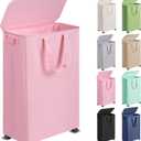 Slim Laundry Hamper with Lid and Wheels, Small Rolling Laundry Basket with Handle for Small Spaces, Tall Dirty Clothes Hampers for Dorm, Bathroom and Bedroom, 75L, Pink