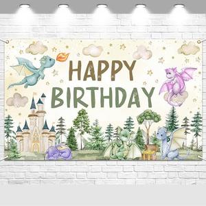 Avezano Dragon Birthday Decorations Dragon Happy Birthday Backdrop Watercolor Castle Dragons Bday Party Banner 6 x 3.6 ft