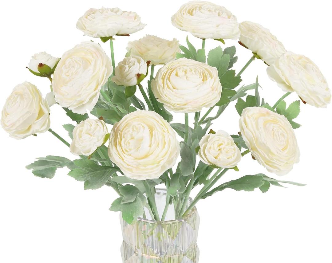 IPOPU White Ranunculus Artificial Flowers, 5PCS Silk Faux Peonies Vingtage Dried Fake Ranunculus with Stems for Wedding Party Garden Vase Home Decoration(White)