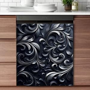 Engraved Dark Flower Pattern Dishwasher Magnet Decals Fridge Panel Cabinets Vinyl Reusable Sticker Magnetic Dishwasher Door Covers Kitchen Home Decorative,23W x 26H inchs