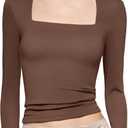 PUMIEY Long Sleeve Shirts for Women Dupes T Shirts Womens Fashion Going Out Tops Fall Outfits Brown Basic Tee, Chocolate, X-Small