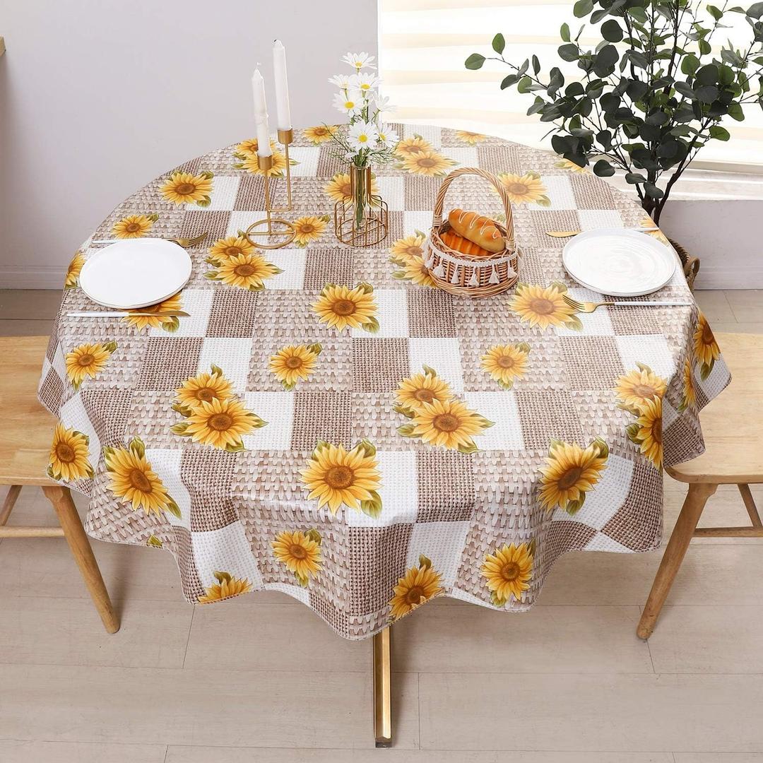 Vinyl Tablecloth with Flannel Backed Waterproof Oil-Proof PVC Table Cloth Wipeable Spill-Proof Plastic Table Cover for Indoor and Outdoor(Sunflower, 60 x 60 Inch Round)
