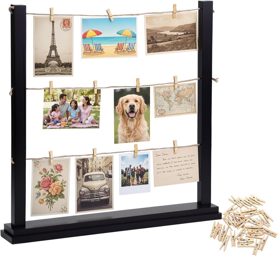 Cinnvoice Desk Photo Display Board with Clips Wooden Picture Collage Board 2026 Graduation Wedding Black Photo Collage Frame Tabletop Picture Postcard Display Stand Decor for Anniversary Home, 15 inches