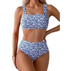 Fanuerg Women's High Waisted Bikini Sets Wide Straps Two Piece Swimsuit Floral Print Bathing Suits Medium