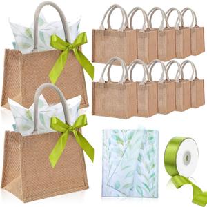 Shinylin 12 Pcs Small Burlap Tote Bag Set with Handles Spring Wedding Favors Reusable Jute Tote Bag Bulk with Eucalyptus Tissue Paper and Green Ribbon Wrapping 8.7x5.5x7inch