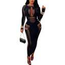 Women's Sexy Hollow Out Long Sleeves See Through Club One Piece Mesh Bodycon Maxi Dress (US, Alpha, S/M, Regular, Regular, Black)