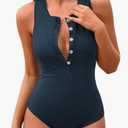 Charmo Ribbed Swimsuits Button Racerback Womens Rashguard Long Torso One Piece Bathing Suit M