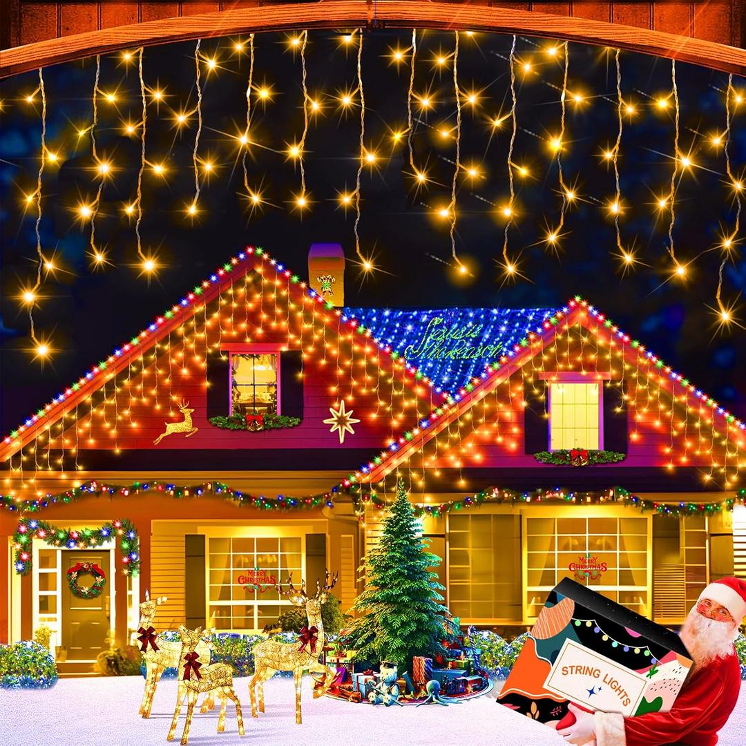 XURISEN 66ft Christmas Lights Decorations Outdoor, 640 LED 8 Modes Curtain Fairy Lights with 120 Drops, Plug in Waterproof Timer Memory Function for Christmas Holiday Wedding Party Decor(Warm White)