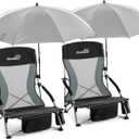 Folding Beach Chair with Umbrella for Adults, 2 Pack Portable Low Beach Chairs with 300lbs Capacity, Lightweight Fodable Camping Chair for Travel, Picnic, Concert & Outdoor Activities, Black-Grey