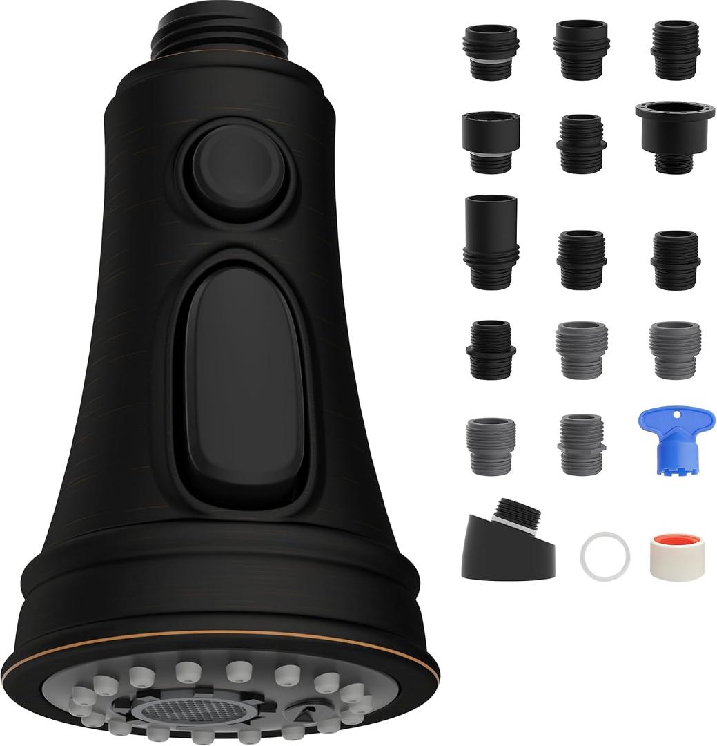 Hibbent Kitchen Faucet Head Replacement, NSF/ANSI/CAN 61 & CUPC Certified, 3 Function Pull Down Faucet Sprayer Nozzle - 15 Adapters Compatible with Moen, Delta, Kohler, Oil-Rubbed Bronze