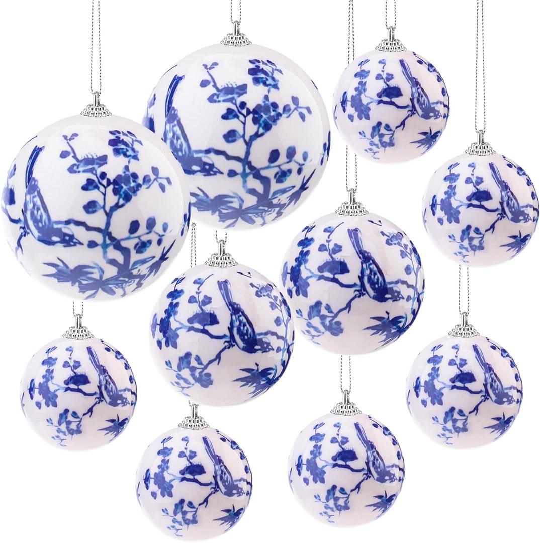 10 Pcs Chinoiserie Ornaments Ball White Blue Hanging Christmas Plastics Ball Decoration DIY Party Xmas Tree House Holiday Wedding Party Garden Baubles Decor