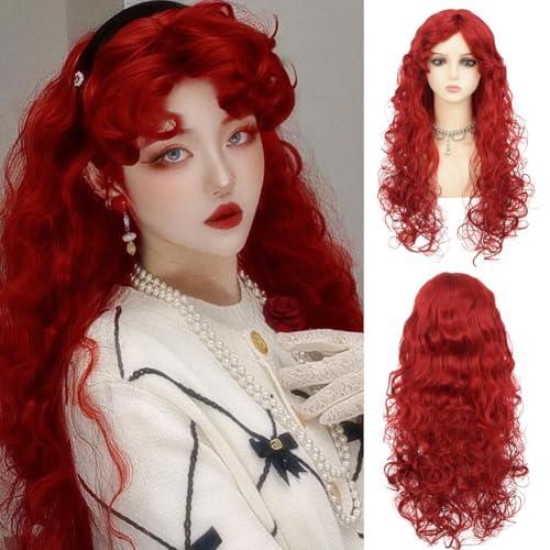 Dai Cloud Red Wigs with Bangs for Women Long Curly Wavy Soft Princess Synthetic Cosplay Halloween Hair Wig for Cosplay Use