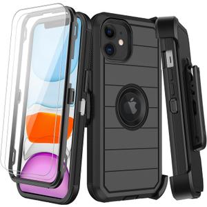 for iPhone 11 Case with Belt Clip Holster,2X Screen Protector,Heavy Duty Shockproof Drop Protection Military Grade Durable Full Body Phone Cover with Kickstand for Apple iPhone 11