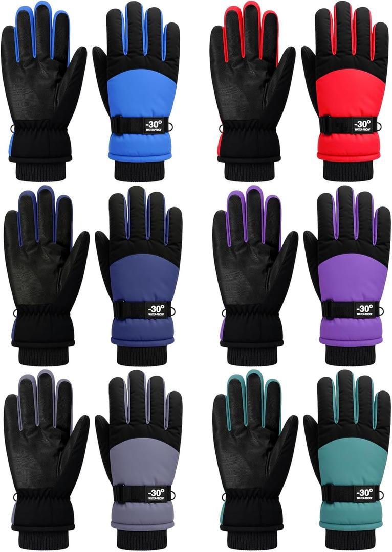 Bencailor 6 Pairs Mens Winter Snow Gloves Women Warm Waterproof Ski Mittens Adjustable for Adult Cold Weather(Red, Green, Blue, Purple, Gray, Dark Blue,L)